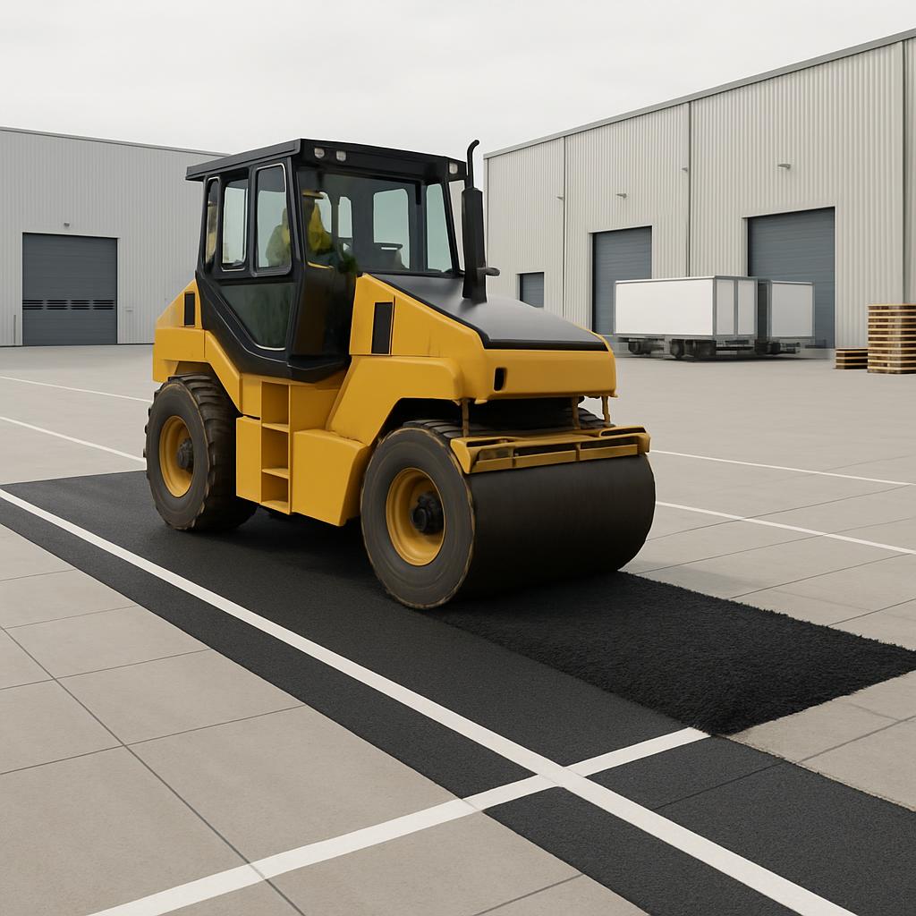 L'image montre une photo d'un aspirateur. Un rôleure s'approche d'une ligne peinte en blanc le long d'un trottoir avec une...