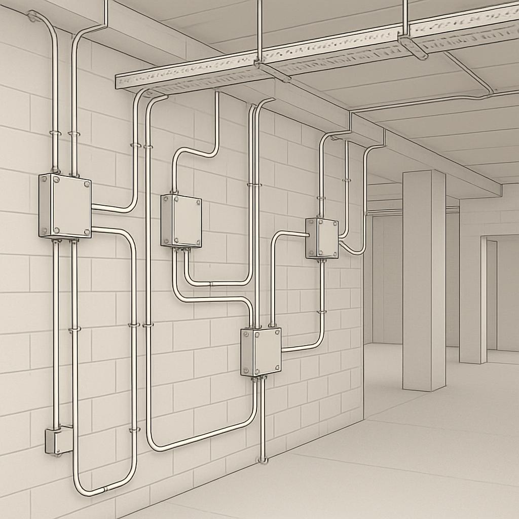 Sketch of an empty building with utility pipes and wiring on the walls.